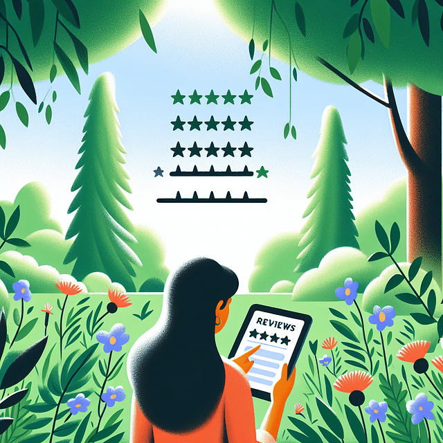 person reading reviews on a tablet with nature in the background