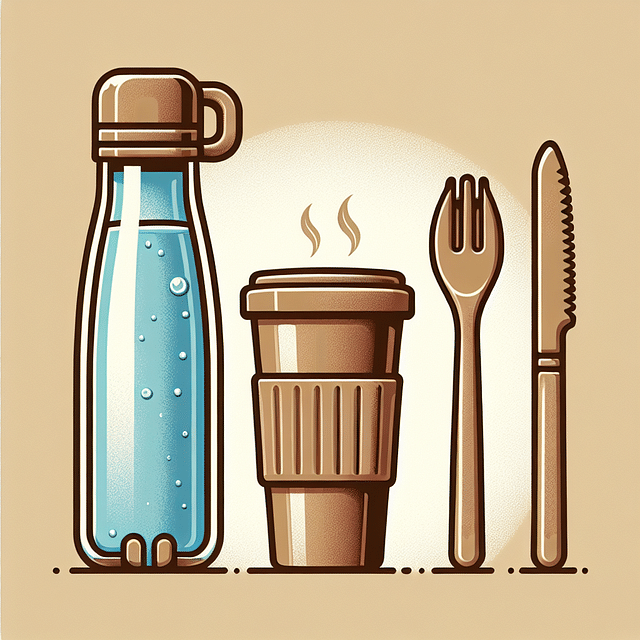 reusable water bottle, coffee cup, and bamboo cutlery set