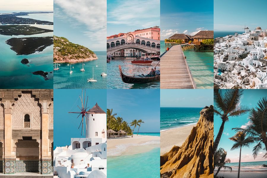 Collage of various sustainable travel destinations