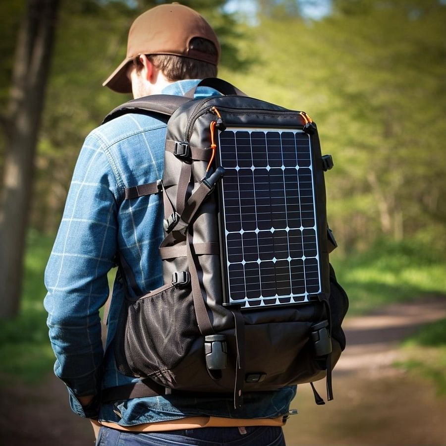 Solar-powered charger attached to a backpack